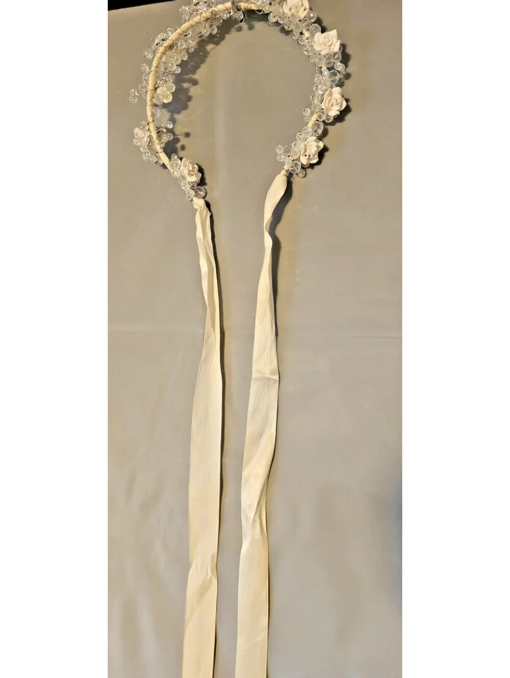 Ivory Floral Bridal Halo Headpiece Roses Crystal Beads Ribbon Tie Crown
